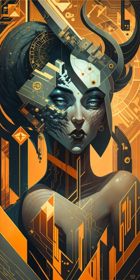 An asymmetric  ( fulll body ) portrait
of a  (  [ voluptuous | curvy | beautiful ]  ) 
with ( half demonic split face ) 
, An [ colorful | vibrant ]  ( masterpiece ( in CCDDA  artstyle ) )    
full of  retro-futuristic ( geometric ( art deco circuit) patterns  )