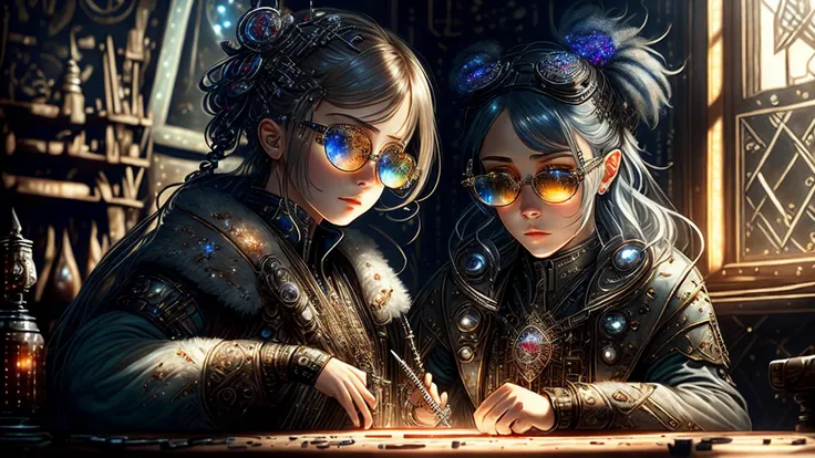 an awarded photo of a tiny skiny caucasian rusian 1girl with twin braid, inventor with steampunk elements and outfift in her mistery workshop, industrial areana, detailed skin, detailed face, ultradetailed, ultrasahrp, masterpiece, perfect quality, full body, natural lights, natural shadows, realistic shadows, ambient oclusion, boekh, realsitic, ultrarealsitic, photorealsitic tools in her hand, screwdriver, metalic glasses, table with tools,metal parts, reparing clock , magic analog pocked clock in her hand, checking time, freckles on the face, dramatic lights, dynamic , epic light rays on face, epic moment , inricate details, hdr, 8k wallpaper, best quality <lyco:GoodHands-beta2:0.6> , realistic, sun rays from window, magic blue crystals on table glowing with red runes, white skin <lora:VampiricTech:1>