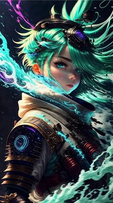 a profesional picture of 1 girl, Tra'sha - cyber samurai girl wearing ([ancient japan :cyberpunk:15]_armor:1.2), with neon cyan leds and sword, she ahs green glowing hair and cyan brews, she has slim body with long legs and small breasts, tall, one eye is whie one is balck, (((multicolored eyes))) 
 BREAK, realistic, perfect quality, best quality, ultrasharp, ultradetailed, perfect quality, masterpiece, intricated details, <lora:add_detail:0.4>, punk, <hypernet:sxzBloom_sxzBloom:0.3>, AS-YoungerV2 < <lora:splashes_v.1.1:0.5> Splash, splashes, splashing, explosion, exploding <lora:Smoke:0.3> smoke, smokkk, colorfull cyan, hotify, vivid colors (red, white, black)