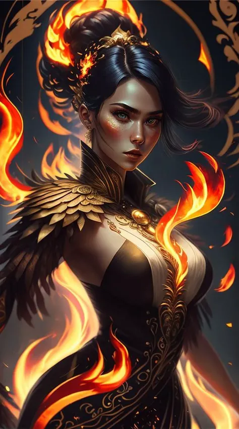 an awarded profesional photo of sofia-hublitz as Embera: A fire dancer with a complexion that seems to flicker like the flames she controls. Her eyes, the color of burning embers, are filled with the intensity of a blazing fire. Her long, flowing hair, resembling the flames of a bonfire, is adorned with delicate fireflower clips. Embera possesses a lithe and agile form, with a presence that exudes passion and energy. She wears a form-fitting costume made of flowing flames, adorned with flickering embers that mimic her ever-changing nature. Her outfit is accentuated with swirling fire patterns that seem to dance with her every movement. In her hand, she holds a pair of fiery fans, which she wields with grace and precision, creating mesmerizing fire dances that enrapture her audience., ultradetailed, intricated face,(face details:1.1),perfect eyes, ideal body posture,perfect body proportions, by jeremy mann, by sandra chevrier, by maciej kuciara,(masterpiece:1.2),(ultradetailed:1.1), ultrasharp, (perfect, body:1.1),(realistic:1.3),(real shadow:1.2),3photo Fujifilm XT3, ,(perfect body proportions:1.1)<lyco:GoodHands-beta2:1>, intricated hands,(by Michelangelo),(profesional lights:1.3) (profesional photography:1.3),in perfect background with intricated details - Etherial Nexus: A mystical nexus where the boundaries between realms blur, creating a surreal and shifting landscape., cowboy shot (character focus:1.1), depth of field, anatomically correct hand, perfect anatomy, ideal limbs, ideal arms, ideal hands