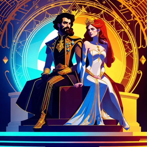 [ stunning |  astonishing |  exquisite ]  
full body portrait of a  beautiful couple  of  royal norse lovers  
sat on top of a  pedestal 
in the  middle  of the  composition
,[ Colorful |  vibrant ] HDR masterpiece  in ( awesome ( ccdda artstyle ) )  with ACES tone mapping
, (  [ clear and readable | neat  an dclean ] tangents )  full of negative space 
, exquisite symmetric ( well proportionate anatomy )
, exquisite ( solid drawing ) volumetry with detailed shadows and highlights enhancing ( perspective ( depth ) )