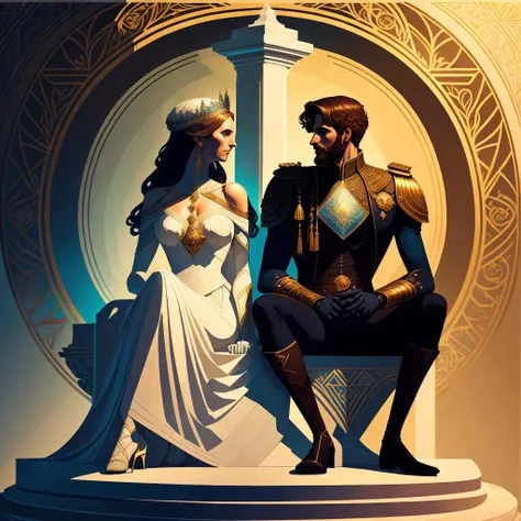 [ stunning |  astonishing |  exquisite ]  
full body portrait of a  beautiful couple  of  royal norse lovers  
sat on top of a  pedestal 
in the  middle  of the  composition
,[ Colorful |  vibrant ] HDR masterpiece  in ( awesome ( ccdda artstyle ) )  with ACES tone mapping
, (  [ clear and readable | neat  an dclean ] tangents )  full of negative space 
, exquisite symmetric ( well proportionate anatomy )
, exquisite ( solid drawing ) volumetry with detailed shadows and highlights enhancing ( perspective ( depth ) )