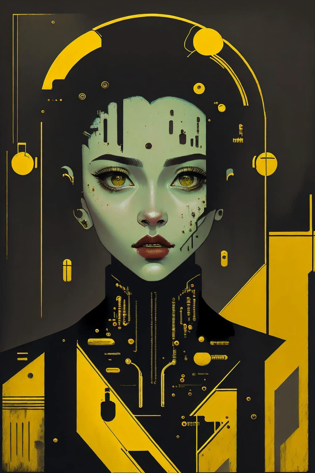 (masterpiece, 4k ,ultra detailed,raw photo:1.2),illustration,
(1woman:1),
(simple background:black and yellow background1.4),
(symmetry:1.2),
(art deco:1.4),
(retro-futuristic:1.4),
(minimalism:1.4),
(clean:1.4),
(flat_color:1.4),
(cyberpunk,android:1.4),
<lora:flat2:2.5>,
<lora:chinaDollLikeness_v10:0.4>,CCDDA Artstyle