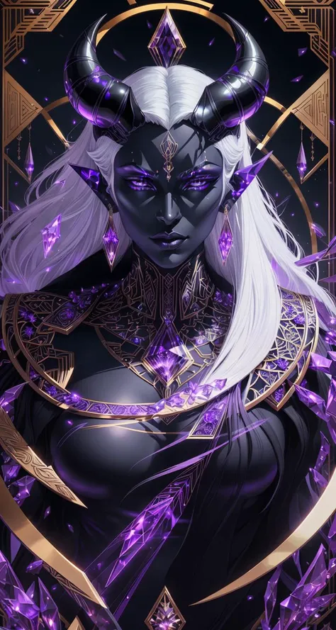 A tarot512 (masterpiece, 4k, ultra detailed, raw photo:1.2), illustration, (Art Deco:1.2), (minimalism:1.2), (CCDDA Artstyle:1.0),
(bluish black skin:1.2), (dark skin:1.1), (beautiful face:1.0),
amethyst polished gemstone, refraction, black glass, reflection, crystalline armor, crystals,
white hair, pointy ears, demon queen, skinny drow, beautiful angular face, glowing, purple eyes, demon (horns:1.2), very long flowing hair, (puffy lips:1.1), huge lips,
glowing jewelry, crystals, purple and gold, earrings, brooch, high neck, (detailed floral patterns, intricate geometric patterns:1.1),