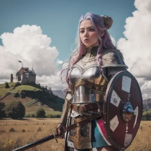 a vicking, standing in front  of medieval village, rainbow hair, full-length photo, 70mm lens, symmetrical, posing, sharp, textured skin,  realistic,intricated detailed ,(perfect fingers:1.2),  photographed by a Nikon Z7 II Camera,8k uhd,     <lora:Vicking-000006:0.8>