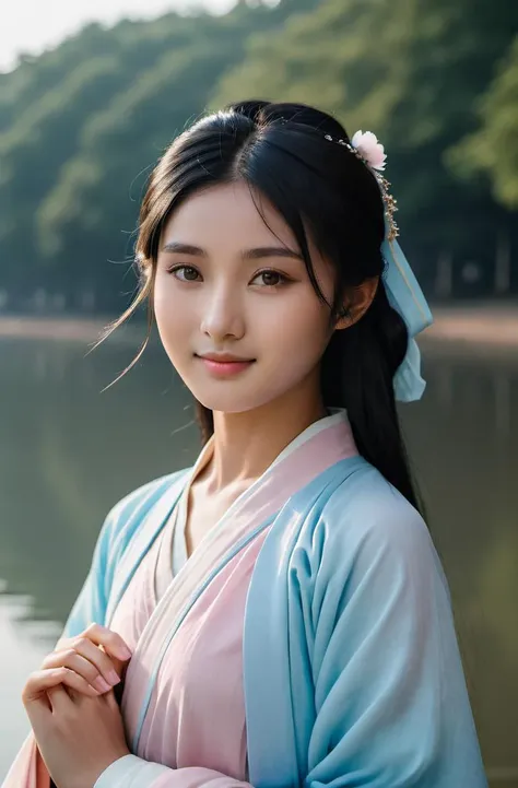 cinematic photo Half body portrait real photography of beautiful young asian woman with out makeup wearing pastel (gradient:1.2) pink and blue cotton textile hanfu skirt standing on riverbank,black hair and brown eyes,gentle smile on face,detailed skin texture and pores,detailed eyes,detailed lips,detailed mouth,detailed nose,detailed hair,detailed eyes,detailed lips,detailed mouth,detailed nose,detailed hair . 35mm photograph,film,bokeh,professional,4k,highly detailed,