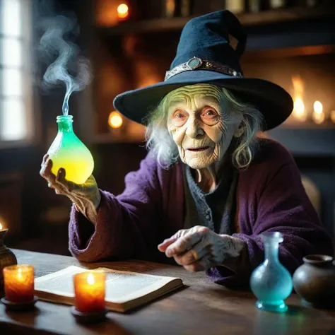 ultra realistic elderly ugly wrinkled witch (wearing hat), (dramatically holding glowing liquid glass in palm), intricate colorful potion bottles with smoke translucent bottles:1.2) on distant long table (spell book), (fireplace:0.8), large convention room background bokeh, (extreme tilt shift:1.3), heavy contrast, heavy front blur