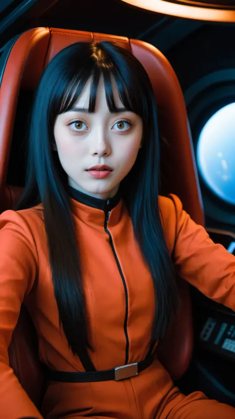 Photograph of a cute Korean girl flying a spaceship, sitting ladylike in the captain's chair, (red/black sci-fi jumpsuit:1.6), (extremely pale hazel eyes:2), very long black/blue hair with bangs, deep space seen through the viewport, detailed eyes, detailed skin, detailed face, photography, dramatic lighting, full body shot, front centered image, symmetrical