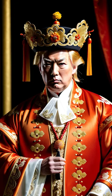 A highly detailed 8K DSLR photo of President Donald Trump posing in the costume of a Chinese Mandarin aristocrat from the 16th century, featuring luxurious fabrics, elaborate lace, and intricate accessories