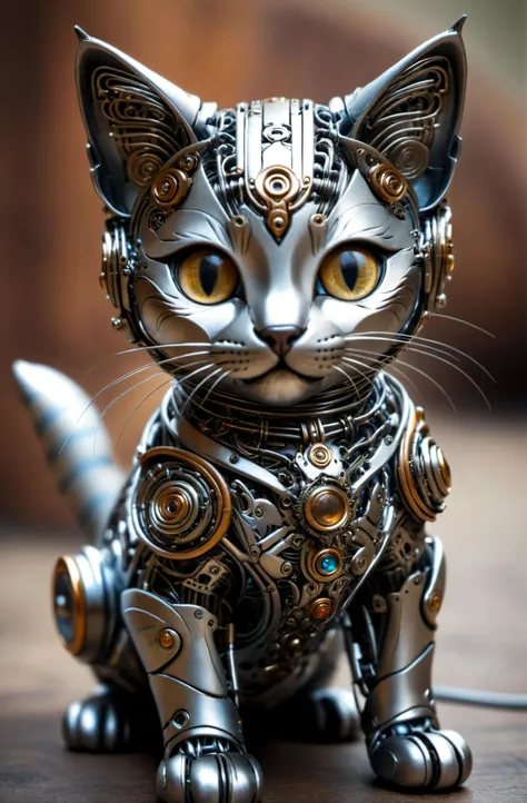 a cute kitten made out of metal, (cyborg:1.1), ([tail | detailed wire]:1.3), (intricate details), hdr, (intricate details, hyperdetailed:1.2), cinematic shot, vignette, centered