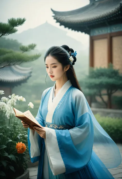 (blue:1.3)
In the courtyard of ancient Chinese architecture, holding a paper,(She engages in poetry exchanges in a study or a garden, with settings like a study, garden, calligraphy, painting, flowers, and birds.)
She is a female poet, dressed in traditional scholar's garments, predominantly in blue, symbolizing her elegance and literary talent.
She has a playful nose and lively eyebrows, allowing makeup to emphasize these features, with blue as the primary color, symbolizing her elegance and literary talent.
Her style is elegant and literary, so her artistic style can be simple, refined, with a fresh and light blue color palette.
(1girl:1.3), adult, Guofeng, Hanfu, mist, looking at viewer,long hair blown by the wind,  dusk, masterpiece,
analog film photo ethereal fantasy concept art of masterpiece, dynamic perspective, intricate details, wide angle, motion blur.  long hair.