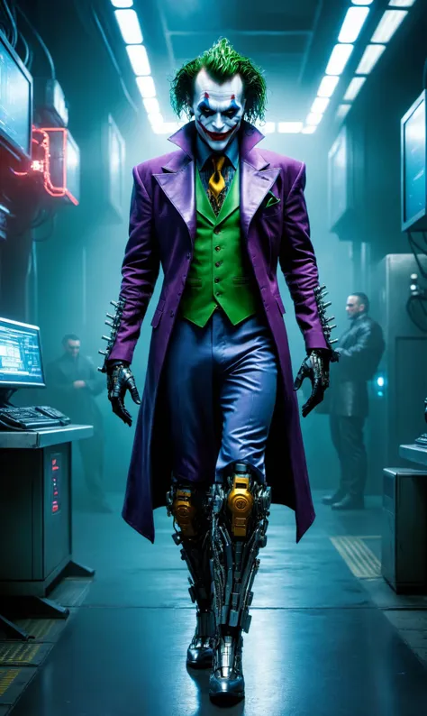 somber portrait of Joker from DC with intricate angular cybernetic implants inside a brutalist building, gothic brutalist cathedral, cyberpunk, award-winning photo, bokeh, neon lights, cybernetic limb