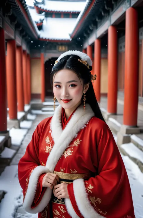 cinematic photo A Chinese (makeup) girl wearing a gorgeous red Hanfu fur coat walks in an ancient palace under heavy snow with a light smile on her face, . 35mm photograph, film, bokeh, professional, 4k, highly detailed