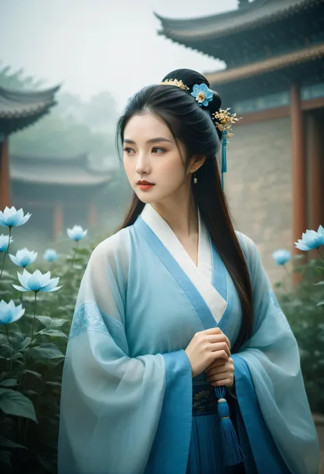 (blue:1.3)
In the courtyard of ancient Chinese architecture, holding a paper,(She engages in poetry exchanges in a study or a garden, with settings like a study, garden, calligraphy, painting, flowers, and birds.)
She is a female poet, dressed in traditional scholar's garments, predominantly in blue, symbolizing her elegance and literary talent.
She has a playful nose and lively eyebrows, allowing makeup to emphasize these features, with blue as the primary color, symbolizing her elegance and literary talent.
Her style is elegant and literary, so her artistic style can be simple, refined, with a fresh and light blue color palette.
(1girl:1.3), adult, Guofeng, Hanfu, mist, looking at viewer,long hair blown by the wind,  dusk, masterpiece,
analog film photo ethereal fantasy concept art of masterpiece, dynamic perspective, intricate details, wide angle, motion blur.  long hair.