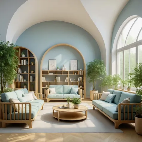 The warm Nordic-style room is decorated with light blue, white, and light yellow as the main colors. Chinese-style wooden arc-shaped bookshelves are lined with green plants, Nordic brown sofas, coffee tables, showing ultra-high-definition image effects under natural light. The huge floor-to-ceiling windows with a fresh and bright background overlook the central axis of the modern city. They are designed using software such as Blender, Octane Renderer, and C4D.