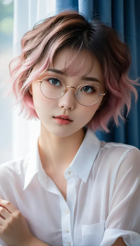 cinematic photo a 22years old korean girl, white shirt, head tilt, shy, blush, detailed eyes, round glasses, blue curtains, fashion magazine cover photography, short pink messy hair, dreamy scene, windows, perfect hand, top view, upper body., bokeh, blurry background, depth of field,, glistening skin, . 35mm photograph, film, bokeh, professional, 4k, highly detailed