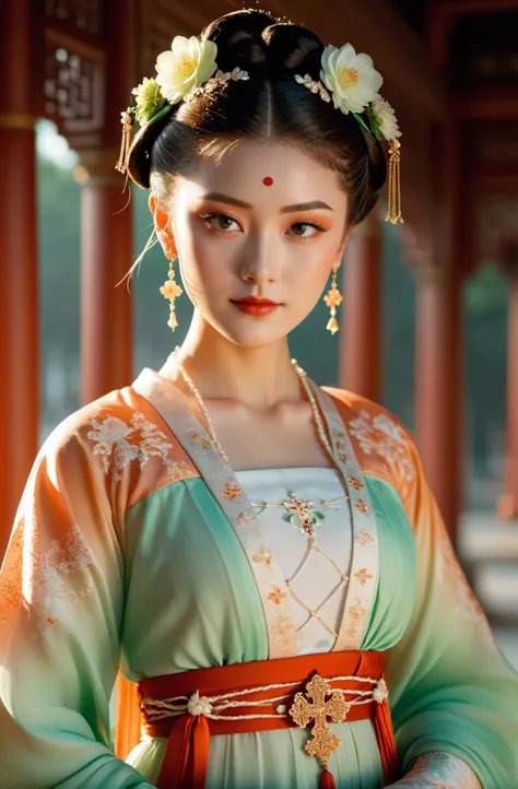 cinematic photo 1girl wearing a gorgeous (gradient:1.2) light orange and light green Hanfu skirt walks in an palace with a light smile on her face, many cross braided lines are decorated with extremely complex and detailed flower traditional patterns of bright rococo themes, graceful buns, a string of pearl necklaces and tassel earrings look more noble, a red point tattoo engraved in the center of the forehead, detailed eyes, detailed lips, detailed mouth, detailed nose, detailed hair, detaile eyebrow, . 35mm photograph, film, bokeh, professional, 4k, highly detailed