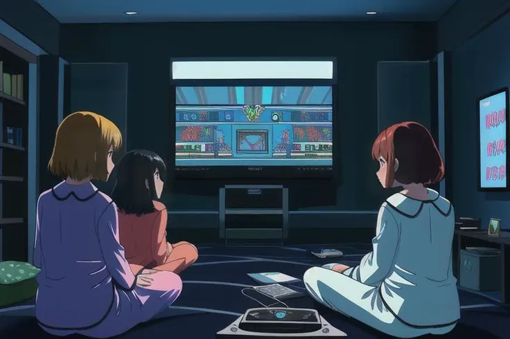 ((5 girls sitting on the floor wearing pajamas. They are huddled around a glowing CRT TV, playing video games. A video game screen is displayed on the TV)), (dark room:1.4), (Best Quality:1.2), crisp, clean, <lora:GoodHands-beta2:1>