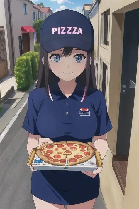 (POV, A pizza delivery girl, wearing a polo shirt uniform and baseball hat. She is handing you a pizza delivery box. Doorway, sidewalk, street, cars, houses), (anime, digital, smiling, soft light, illustration , intricately detailed), <lora:GoodHands-beta2:1>