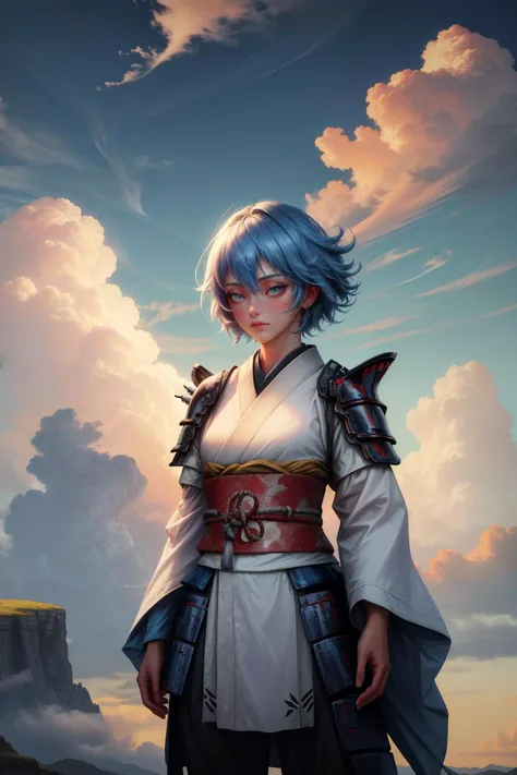 (high quality, best quality, highres, masterpiece:1.2), (utopian ireland, irish, ginger:1), (1girl, woman, facepalm:1.1), (focused samurai, samurai armor:1), (blue_hair, short_hair, spiked_hair:1), (+_+:1), (well-formed valley:1.1), (wonderful clouds:1.5), <lora:more_details:0.3>,