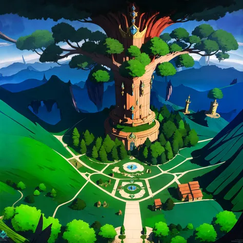 Bird's-eye view Incredible fabulous and beautiful massive scale world tree, magiccore, In World of Warcraft style, rich leaves crown, cinematic color grading