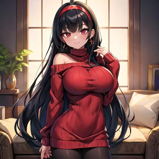(masterpiece), (best quality), (beautiful eyes and face), (perfect female body), (shiny skin),
<lora:yor_forger_v1:0.8>,
looking at viewer, cowboy shot,
1girl, solo, yor briar, black hair, long hair, red eyes,
large breasts,
white hairband, gold earrings, jewelry, sweater dress, red sweater, off shoulder, long sleeves, black pantyhose,
smile,
standing,
living room,