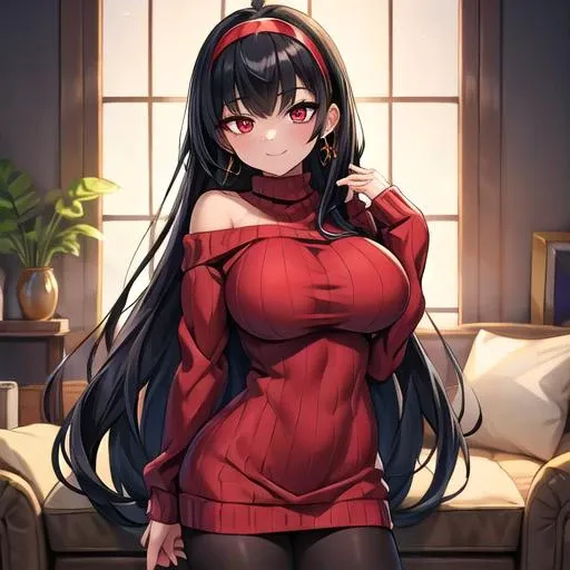 (masterpiece), (best quality), (beautiful eyes and face), (perfect female body), (shiny skin),
<lora:yor_forger_v1:0.8>,
looking at viewer, cowboy shot,
1girl, solo, yor briar, black hair, long hair, red eyes,
large breasts,
white hairband, gold earrings, jewelry, sweater dress, red sweater, off shoulder, long sleeves, black pantyhose,
smile,
standing,
living room,