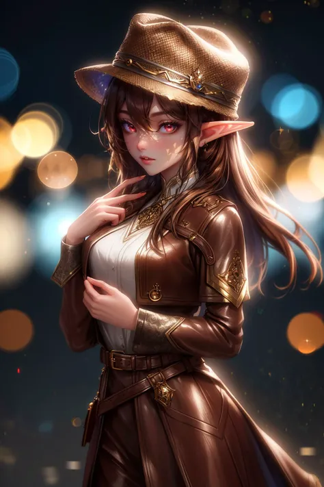 (high quality, best quality, highres, masterpiece:1.2), (utopian fantasy world, elf, shiny_skin:1), (1girl, woman, sighing:1.1), (independent adventurer, wearing brown leather outfit, brown fedora:1), (brown_hair, long_hair, hair_bun:1), (glowing_eyes:1), (elegant cathedral:1.1), (tempting bokeh:1.5), <lora:more_details:0.3>,