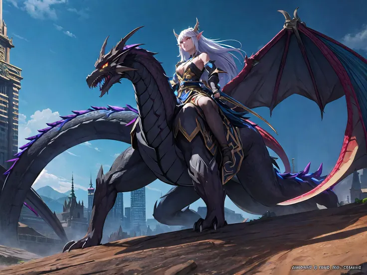 shadows, volumetric lighting, elf, colorful, uhd, hdr, highly detailed, pointy ears break detailed eyes, on background asian wizard battling a dragon in the center of a bustling magical city, anatomically correct,finely detailed,ultra photorealistic