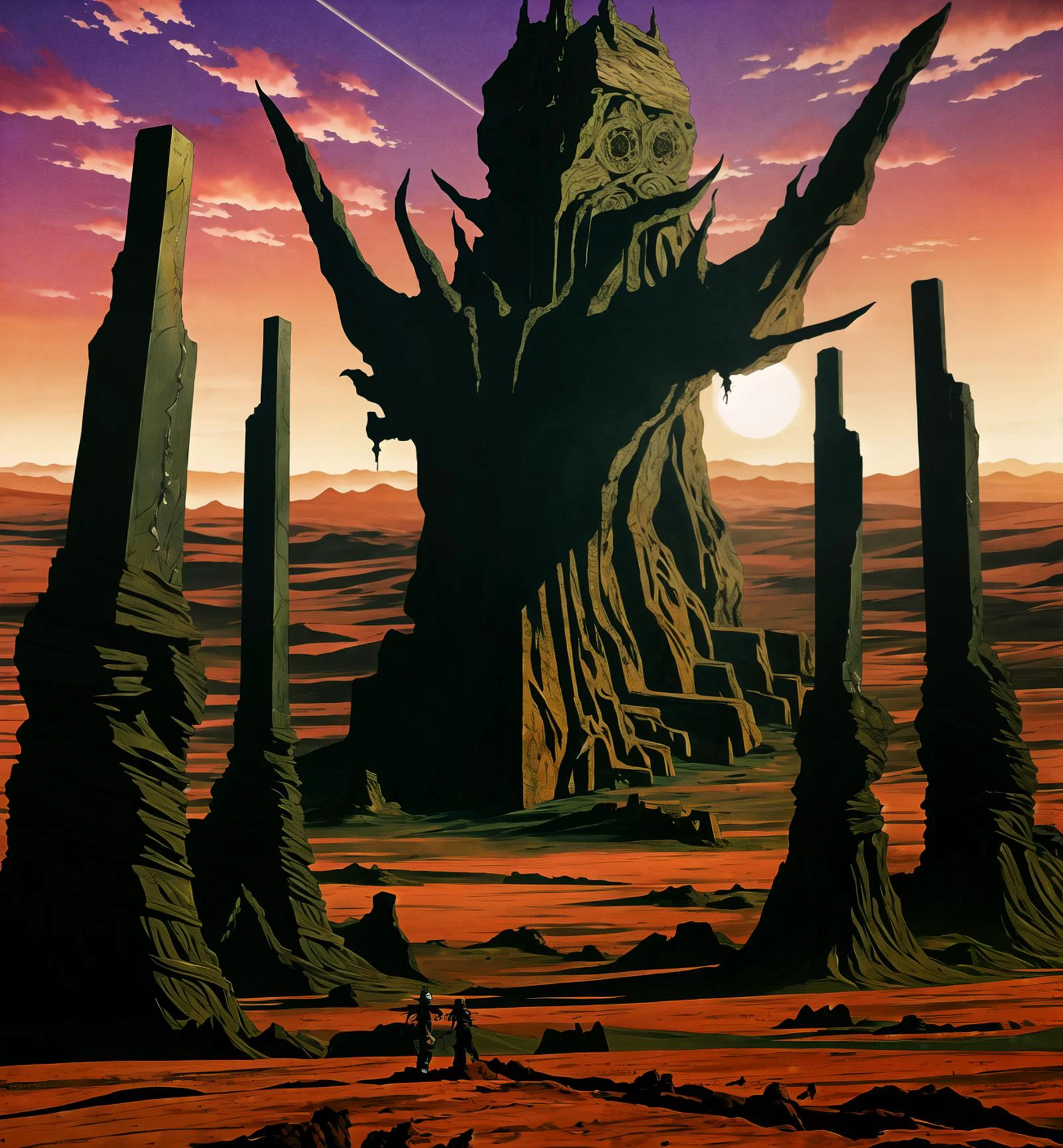 anime screencap illustration artwork by Ian Miller, woman, leaning forwards, cleavage, 4k, masterpiece, cinematic, on the background sun rising over an alien monument in a desolate desert landscape