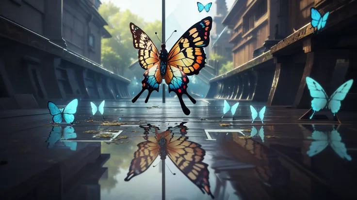 (high quality, best quality, highres, masterpiece:1.2), (realistic, realism, extreme detail, intricate detail, reflections, refraction:1.2), (glitch, glitchy, glitched:1.1), (symmetrical platonic solid floating:1.3), (fascinating treehouse:1.1), (statesque butterflies:1.3),