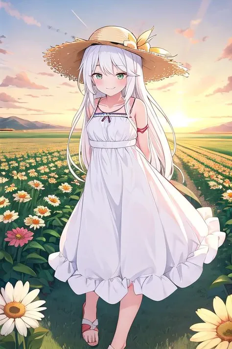 white hair, sunset, leaning forward, beauty mark, girl, mature female, sidelocks, flower field, smile, mature woman, sundress, horizon, sfw, very long hair, white dress, masterpiece, best quality, teeth, standing, sunlight, intricate, perfect hands, sun hat, straw hat, arms behind back