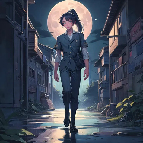 cartoon illustration artwork by Neil Welliver,
big eyes, lipstick, high ponytail, limited palette, moonlight,
on the background hispanic boy heading to school in a neatly pressed uniform