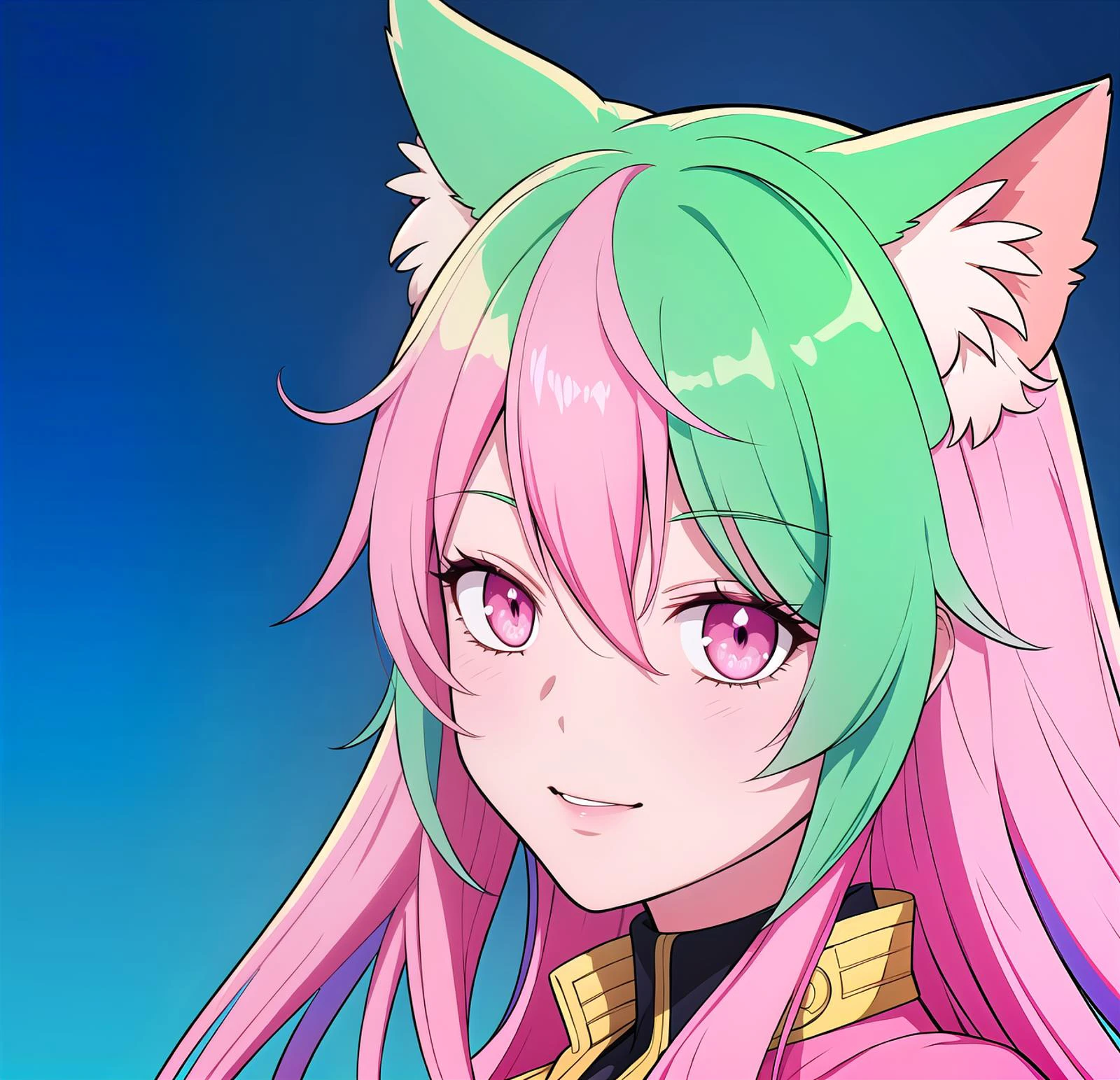 3d render illustration artwork by Gil Elvgren, illustration, solo, vivid pink hair, clear eyes, looking at viewer, green hair, long hair, close-up face, anime style, pink hair, stripping, colored skin, jacket, parted lips, mature female, cat ears, deformed background, flat color, limited tone, isometric, many layers, smile, profile, photography, hasselblad, professional lighting