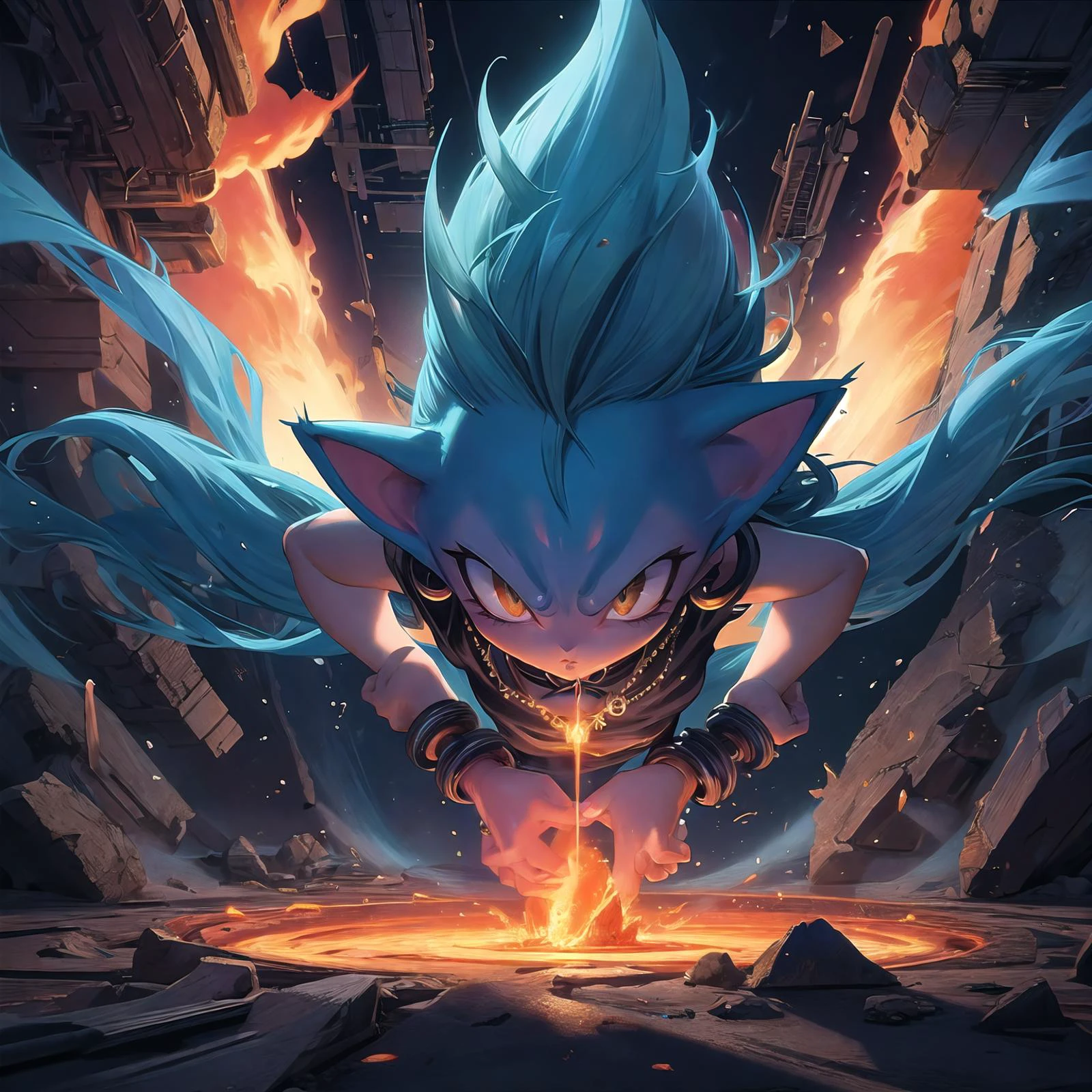 render illustration artwork by Akira Toriyama,
opll, best shadow, shadows, necklace, cinematic lighting,
8k uhd, hi res, extremely delicate and beautiful,
on the background a volcanic warding machine placating eruptions with coded sonic booms