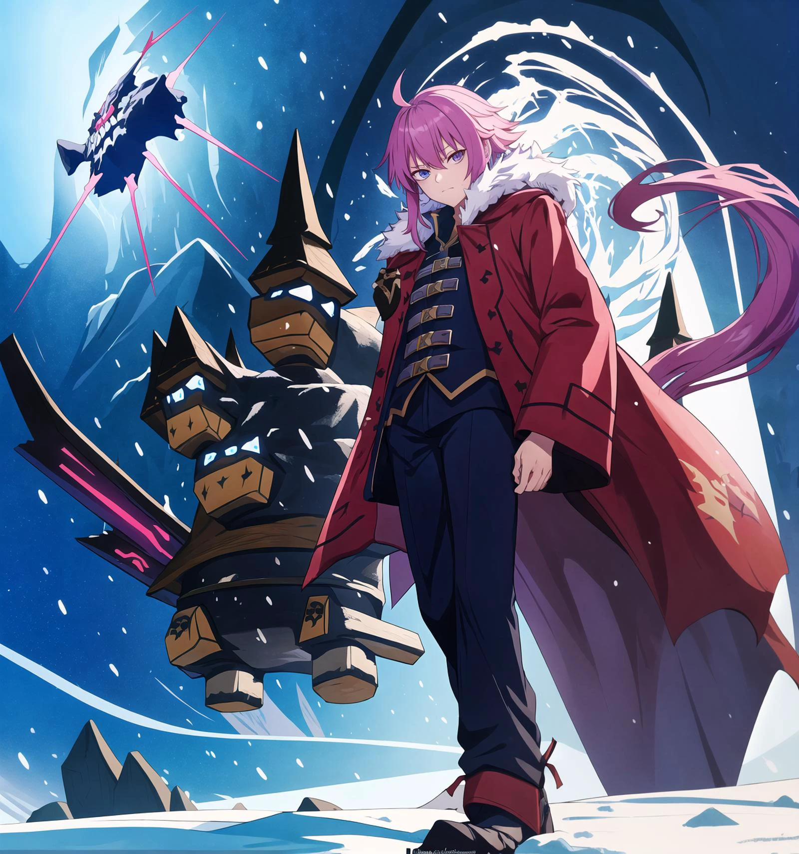 concept art illustration artwork by Maginel Wright Enright Barney, [[chaostest, [oversized pajamas, solo, [, stylish pose, [, break [, \shadow wizard money gang\ text, [chaos, high res, highres, natural light, on the background a band of pirates clad in winter-gear trudging through the harsh snow lands