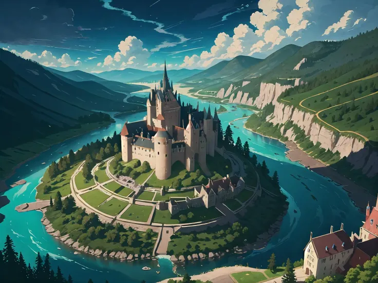 k, great detail, great shadows, best quality, great lighting, raging river, colorful, hyper realistic, castle on top of a hill, forest, bird-eye view, illustration, masterpiece, on the background a valley that echoes with chilling laughter devoid of mirth