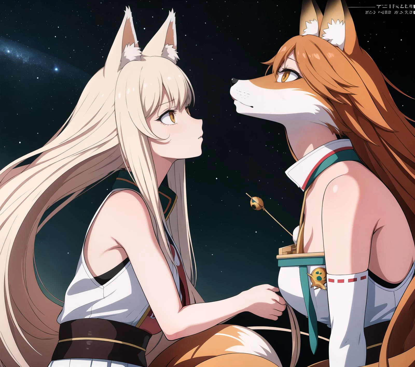 photorealistic illustration artwork by Larry Sultan, fox ears, fox tail, gamer, kitsune, gigachad,  hyper-detailed , ambient occlusion, realism, on the background a digital artist restoring faded images of pluto in a live display at a space gallery