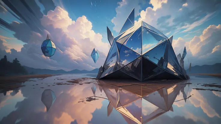(high quality, best quality, highres, masterpiece:1.2), (realistic, realism, extreme detail, intricate detail, reflections, refraction:1.2), (glitch, glitchy, glitched:1.1), (symmetrical isocahedron floating:1.3), (foxy smithy:1.1), (wonderful clouds:1.3),