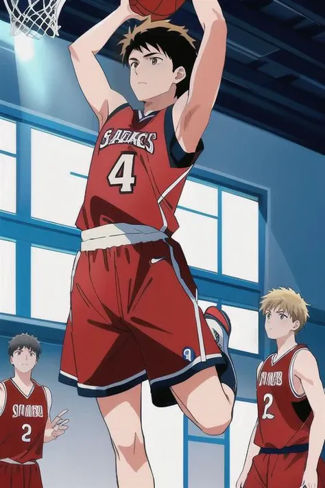 (A boy jumping and doing a slam dunk. He is wearing a red basketball jersey, multiple boys in basketball jerseys are in the background), (anime, digital, serious expression, soft light, illustration , intricately detailed), <lora:GoodHands-beta2:1>