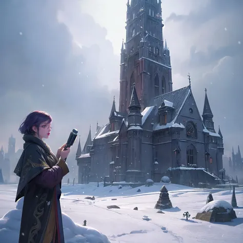 screencap illustration artwork by Tim Burton,
ultrares, vivid color, lipstick, as-youngv2, glasses,
ambient soft lighting, photo realistic , finer details,
on the background a tower broadcasting an unknown wavelength towering in snow-lands