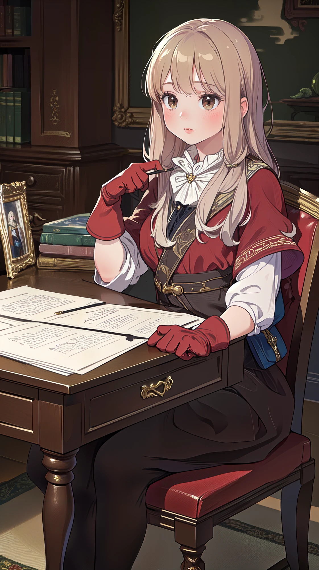 masterpiece, best quality (realistic, masterpiece, best quality:1.3), british queen victoria seated at her desk signing a document, adventurer clothes,beautiful  girl,hobbit clothes,brown gloves