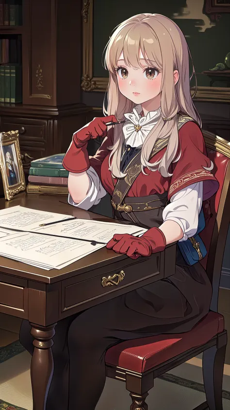 masterpiece, best quality (realistic, masterpiece, best quality:1.3), british queen victoria seated at her desk signing a document, adventurer clothes,beautiful preteen girl,hobbit clothes,brown gloves