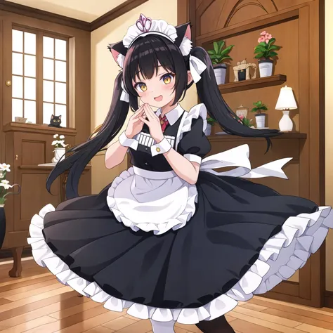 masterpiece, 1girl, cat ears, cat tail, cat girl, maid dress, maid apron, maid tiara, jumping, happy, hands up, long hair, twintails