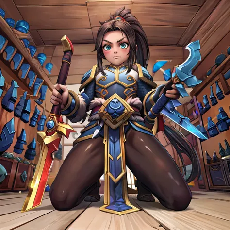 (weapon shop:1.3), cute girl , flat chest , tail , tunic , pantyhose, on kneels, from below, solo, full body, <lora:103511_varian_wrynn_warcraft:0.8> varian wrynn warcraft, Varian