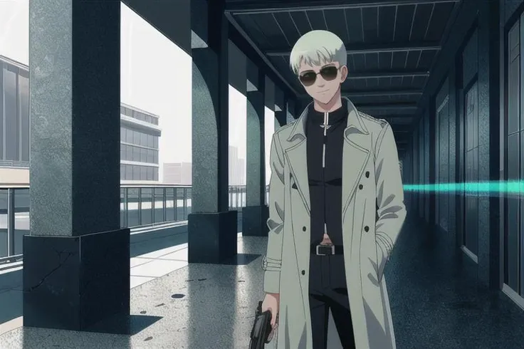 (A guy with a crew cut, wearing a trenchcoat, in a lobby with concrete columns. He is wearing sunglasses and shooting a gun at security guards, muzzle flashes, bullet holes. The image has a green tint.), (anime, digital, smiling, soft light, illustration , intricately detailed), <lora:GoodHands-beta2:1>