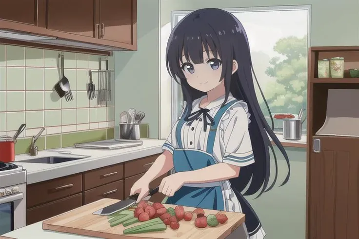 (A Young girl standing behind a counter, she is chopping vegetables with a knife, on a cutting board), (background is a kitchen with counters, and appliances), (anime, digital, long eyelashes, smile, soft light, illustration , intricately detailed), <lora:GoodHands-beta2:1>