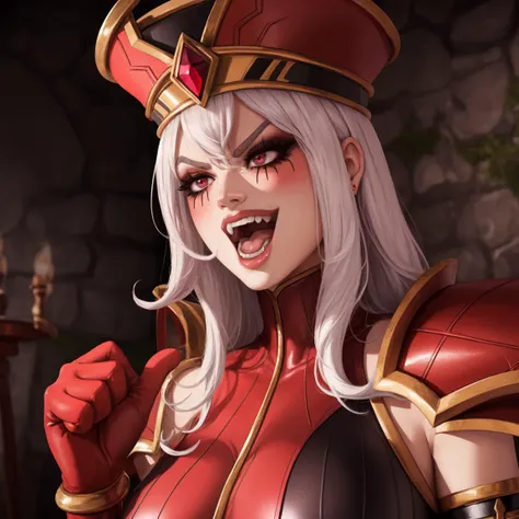 (masterpiece, high quality:1.1), extremely detailed, ambient,
SallyWhitemane, 1girl, mature female, biwm, (pointing_at_self:1.3), shouting, angry, smirking, open mouth, close-up, upper body,
naughty face, blush, happy,
white hair, long hair, red eyes, jewelry, (eyeshadow:1.1),
hat, shoulder armor, (elbow gloves:1.2), (two-tone leotard:1.2), gold trim,
large breasts,
dungeon room, indoors, stone walls, lighting,
<lora:SallyWhitemane:0.9> <lora:biwm:0.6>