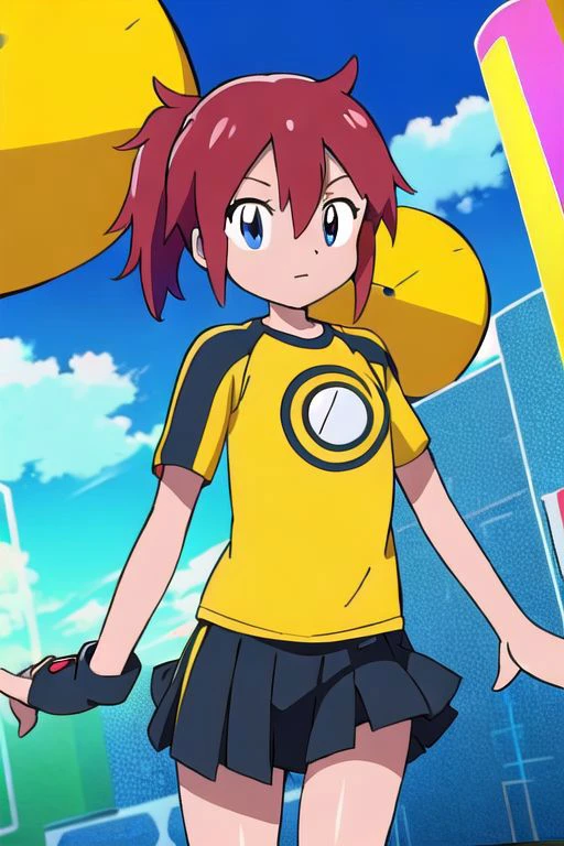 digimon, anime screencap, masterpiece, nice hands, best quality, 1girl, solo, ami aiba, blue eyes, red hair, side ponytail, short hair, goggles, hair ornament, hair between eyes, shirt, (yellow shirt:1.25), raglan sleeves, skirt, black gloves, gloves, single glove, facing viewer, black skirt, (black raglan sleeves:1.25), chest logo, street, outdoors, breasts