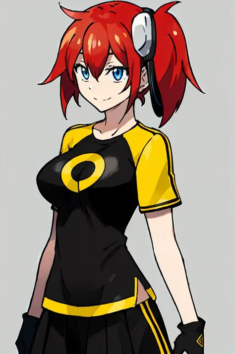 ultra detailed, masterpiece, best quality, solo, soft smile, light smile,
 <lora:AibaAmi:0.7> ami aiba, blue eyes, red hair, side ponytail, short hair, goggles, hair ornament, hair between eyes, shirt, yellow shirt, raglan sleeves, skirt, black gloves, gloves, single glove, large breasts,  <lora:pokemon_v3_offset:1>